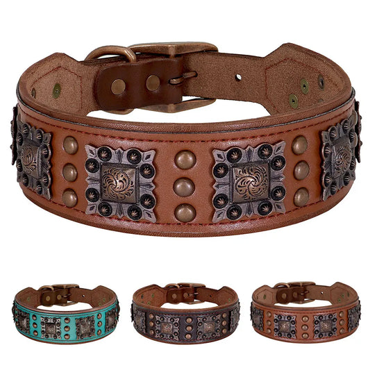 2-Inch Wide Luxury Genuine Leather Dog Collar with Cool Spikes