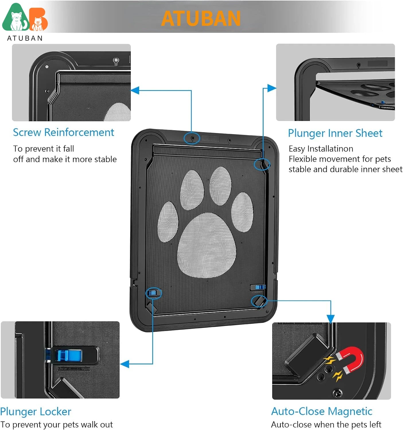 Dog Screen Door with Magnetic Self-Closing and Lockable Function