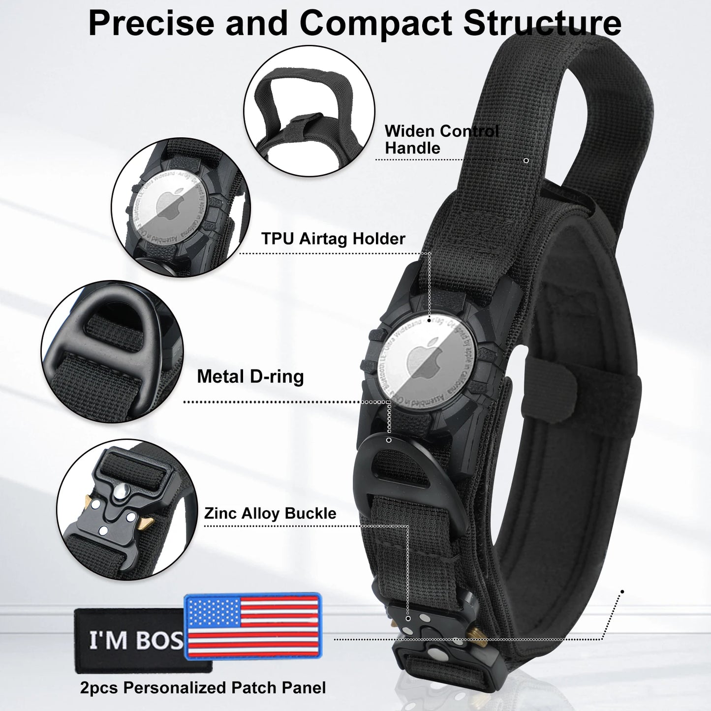 AirTag-Compatible Tactical Dog Collar with Handle