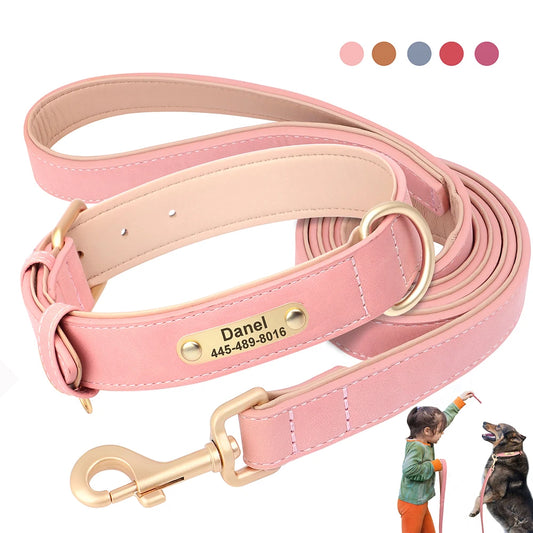 Personalised PU Leather Dog Collar and Leash Set with Custom ID Nameplate