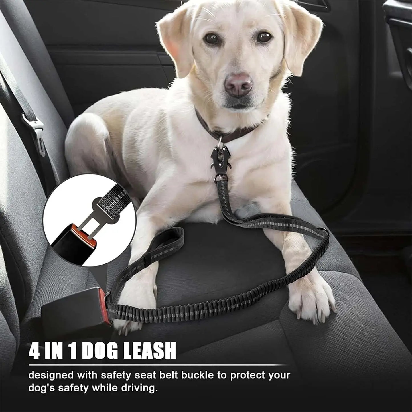 Reflective Shock Absorbing Pet Leash with Car Seatbelt for Large Dogs